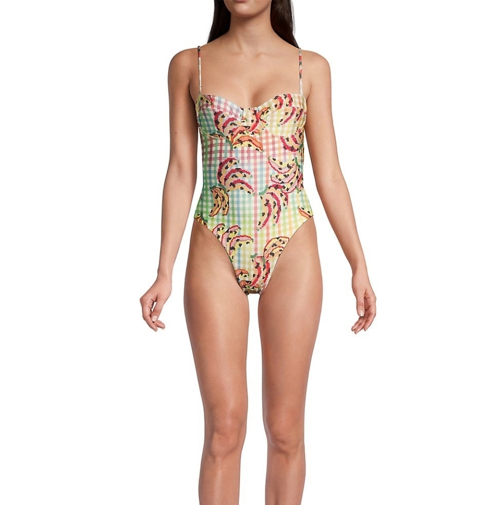 FARM Rio Banana Vichy One Piece Swimsuit Size Small - Picture 2 of 7
